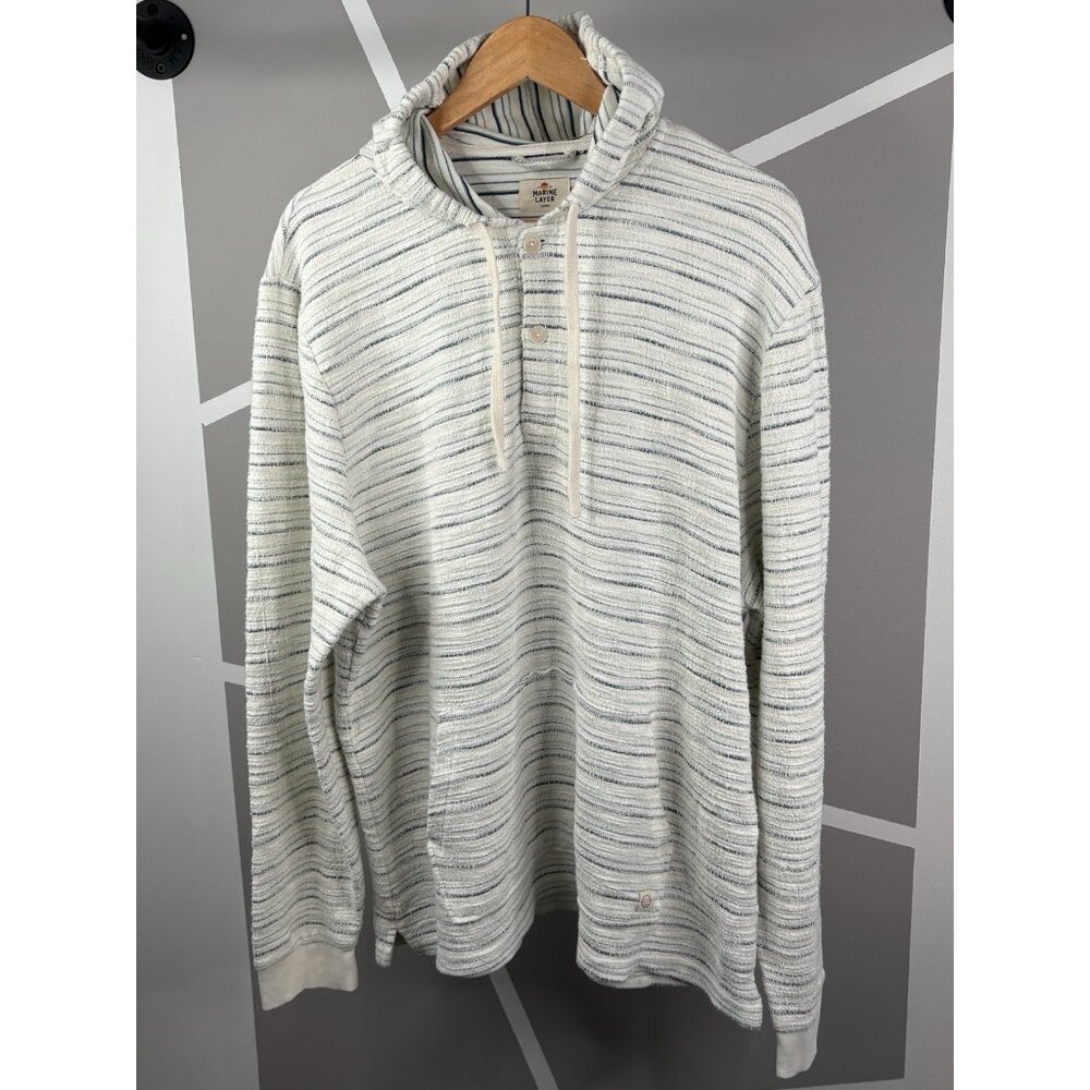 Marine Layer Portola Beach Hoodie Men’s L/XL Terry White Blue Green Stripe Slub
